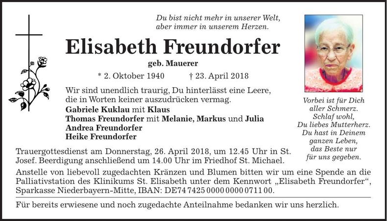 Traueranzeige Elisabeth Freundorfer