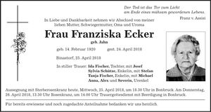 Traueranzeige Franziska Ecker