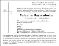 Traueranzeige Valentin Bayersdorfer
