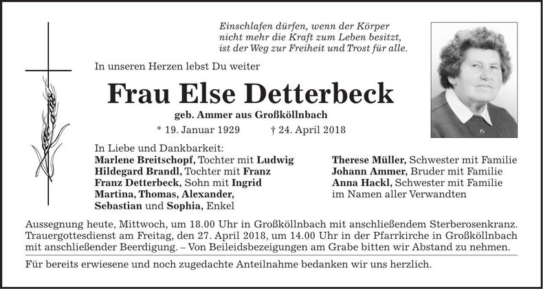 Traueranzeige Else Detterbeck