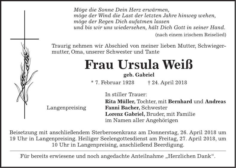 Traueranzeige Ursula Weiß