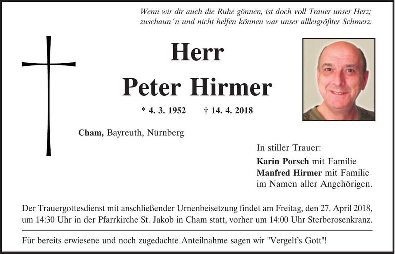 Traueranzeige Peter Hirmer