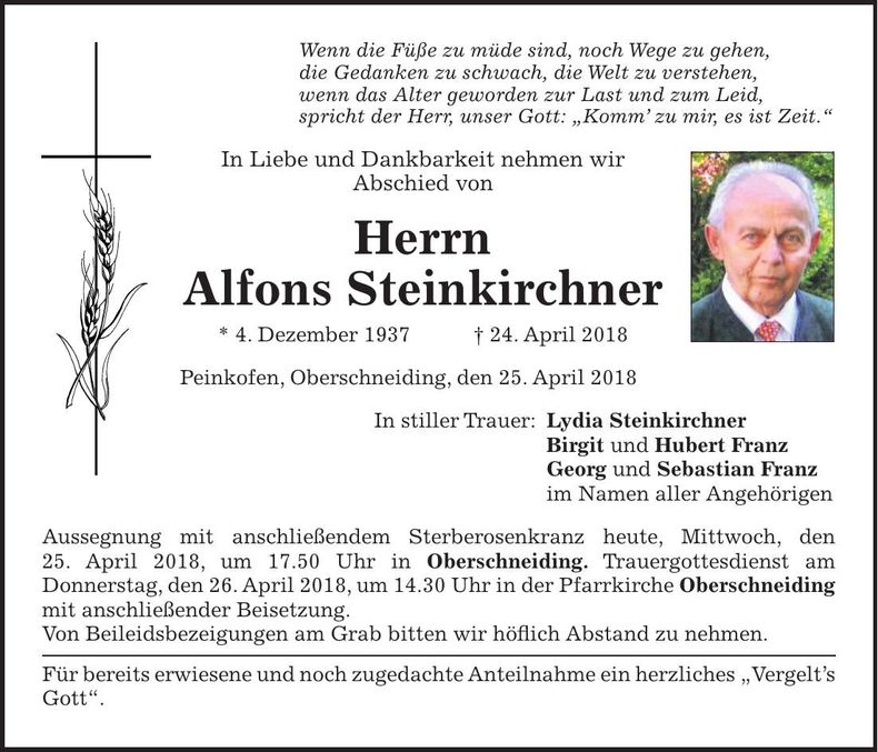 Traueranzeige Alfons Steinkirchner