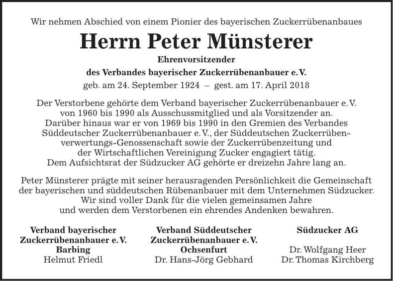 Traueranzeige Peter Münsterer