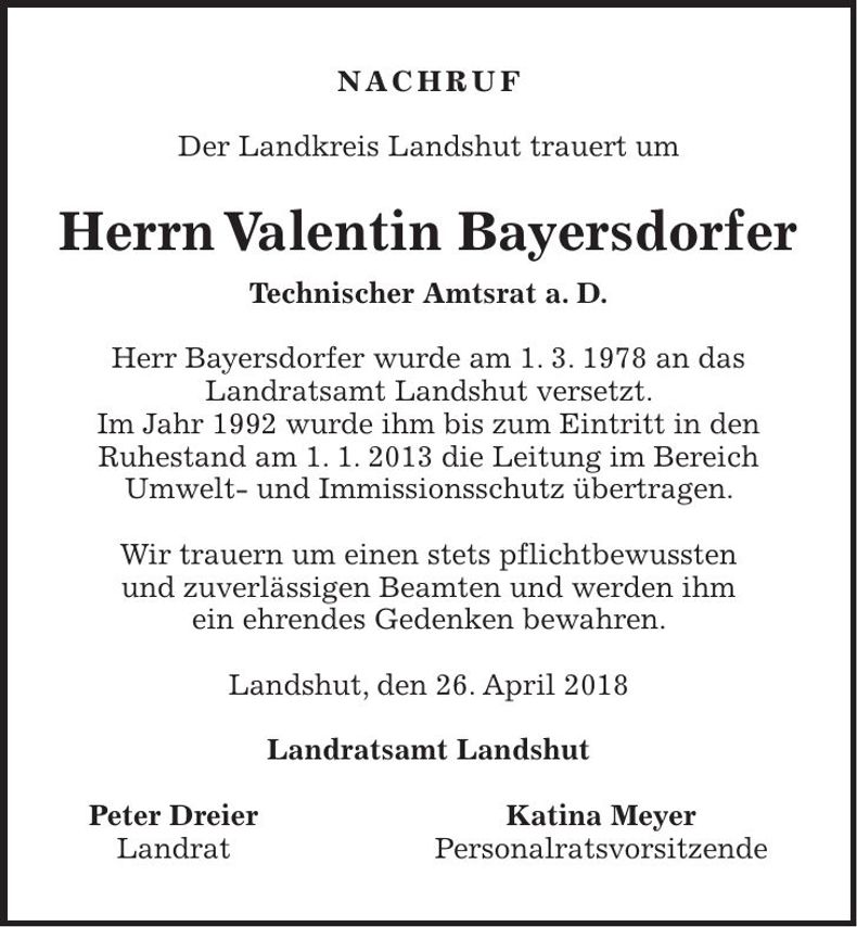 Traueranzeige Valentin Bayersdorfer