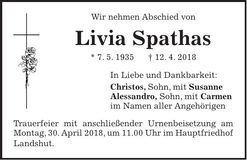 Traueranzeige Livia Spathas
