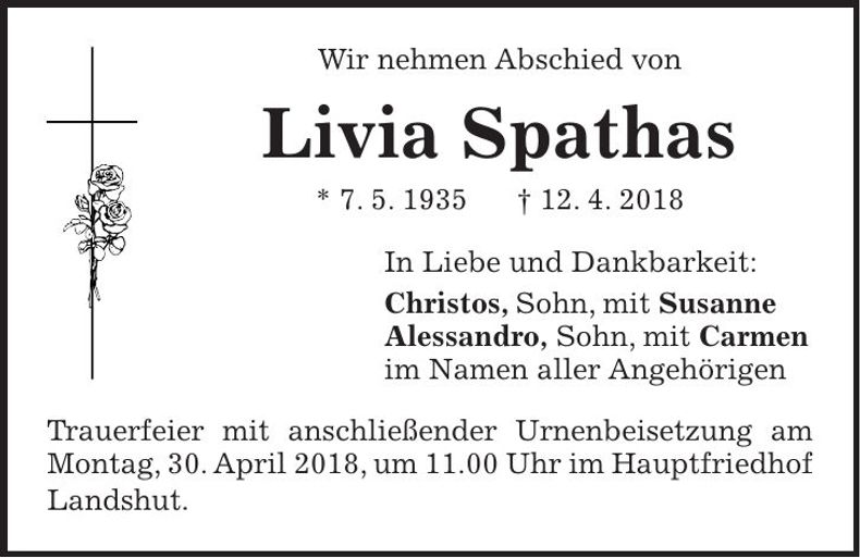 Traueranzeige Livia Spathas