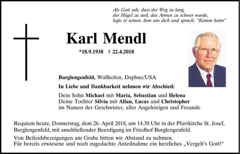 Traueranzeige Karl Mendl