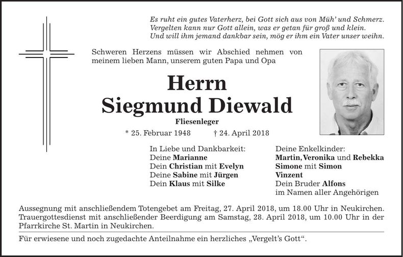 Traueranzeige Siegmund Diewald
