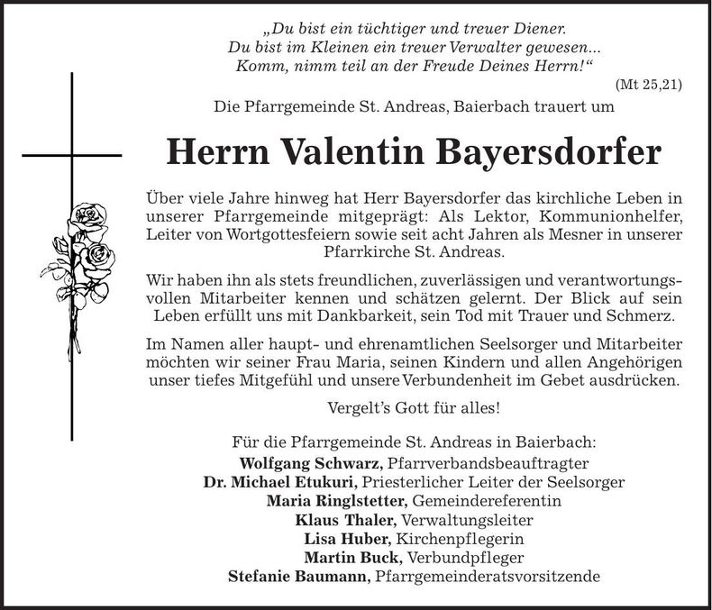 Traueranzeige Valentin Bayersdorfer