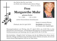 Traueranzeige Margarethe Muhr
