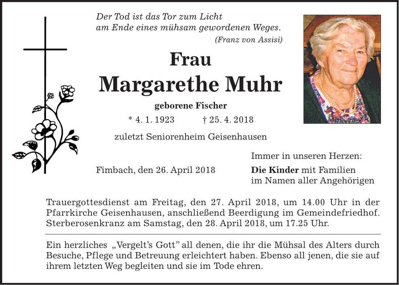 Traueranzeige Margarethe Muhr