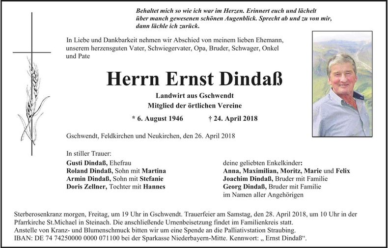 Traueranzeige Ernst Dindaß