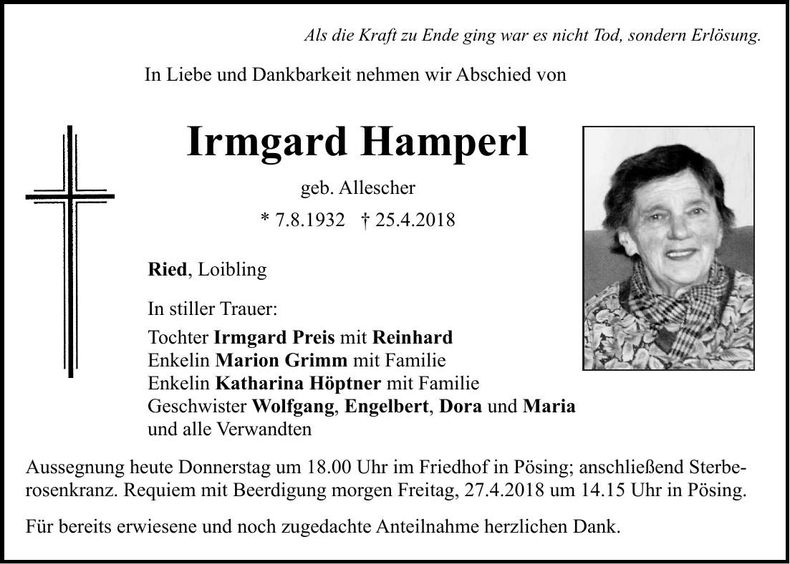 Traueranzeige Irmgard Hamperl
