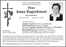 Traueranzeige Anna Zugschwert