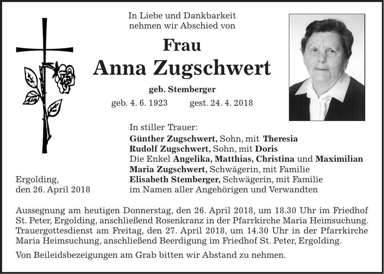 Traueranzeige Anna Zugschwert