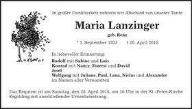 Traueranzeige Maria Lanzinger