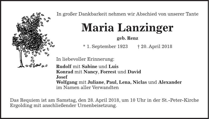 Traueranzeige Maria Lanzinger