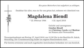 Traueranzeige Magdalena Biendl