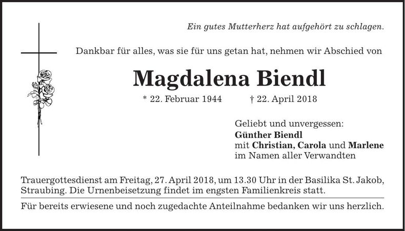 Traueranzeige Magdalena Biendl