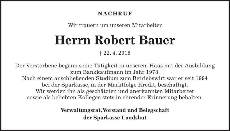 Traueranzeige Robert Bauer