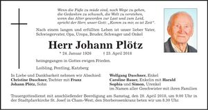 Traueranzeige Johann Plötz