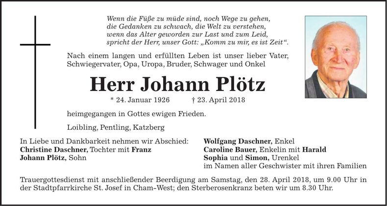 Traueranzeige Johann Plötz