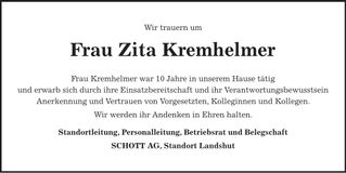 Traueranzeige Zita Kremhelmer