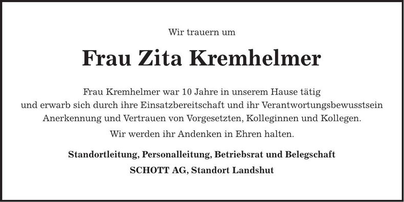 Traueranzeige Zita Kremhelmer