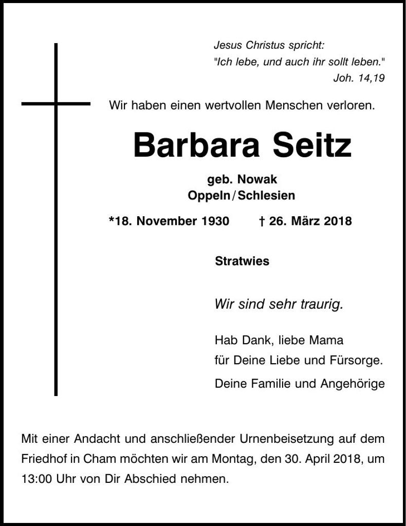 Traueranzeige Barbara Seitz
