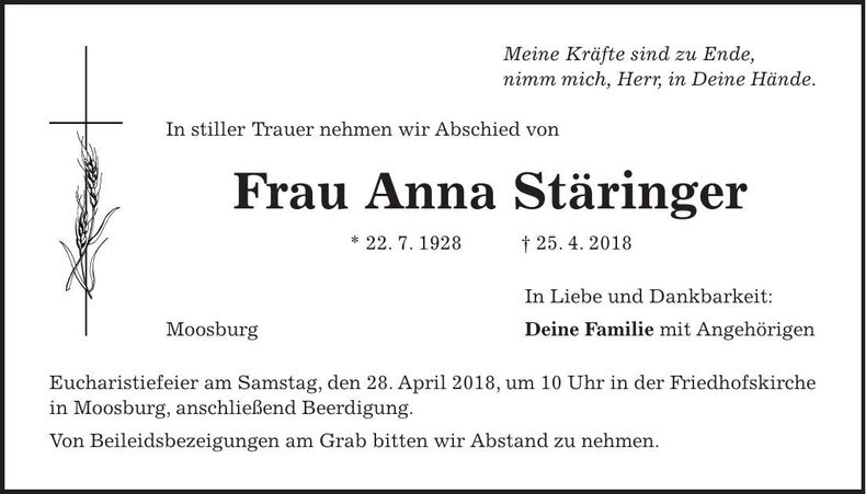 Traueranzeige Anna Stäringer