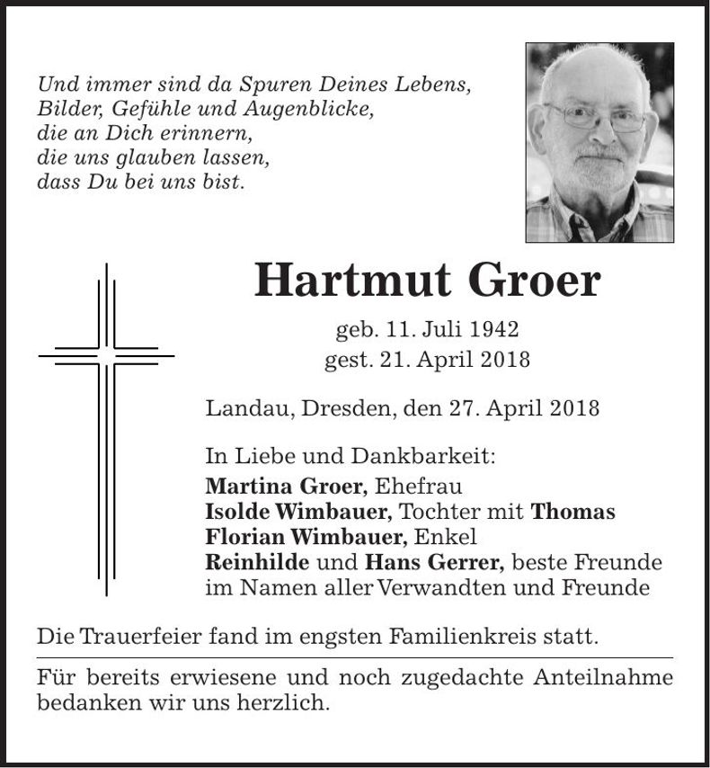 Traueranzeige Hartmut Groer