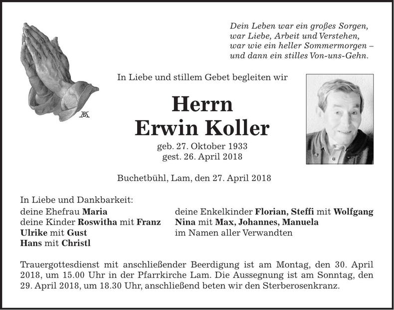 Traueranzeige Erwin Koller