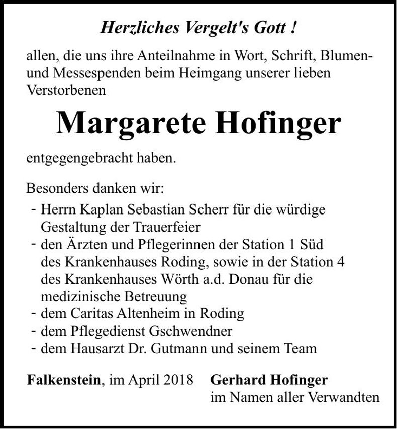 Traueranzeige Margarete Hofinger