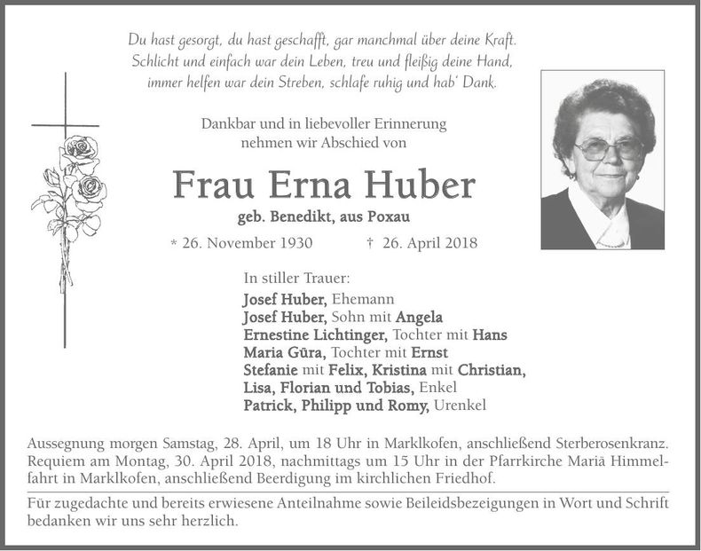Traueranzeige Erna Huber