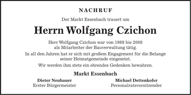 Traueranzeige Wolfgang Czichon