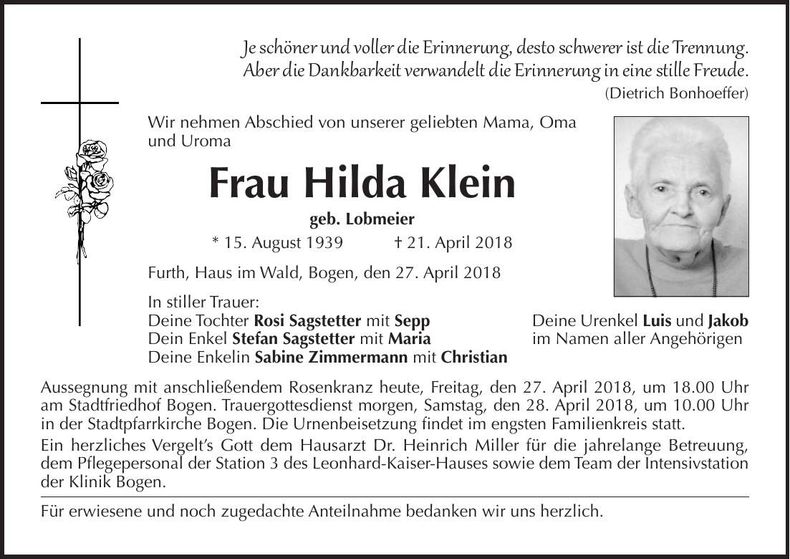 Traueranzeige Hilda Klein