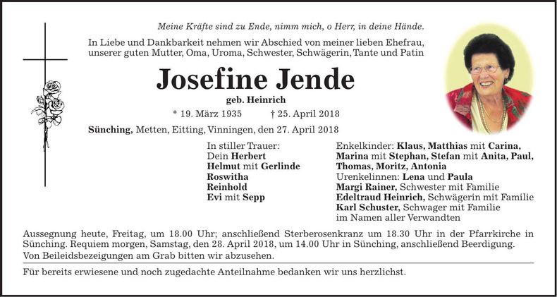Traueranzeige Josefine Jende