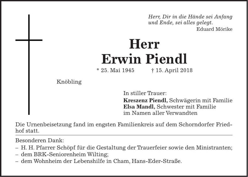 Traueranzeige Erwin Piendl
