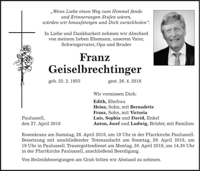 Traueranzeige Franz Geiselbrechtinger