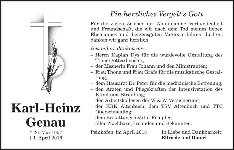 Traueranzeige Karl-Heinz Genau