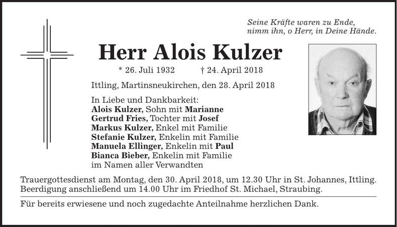 Traueranzeige Alois Kulzer