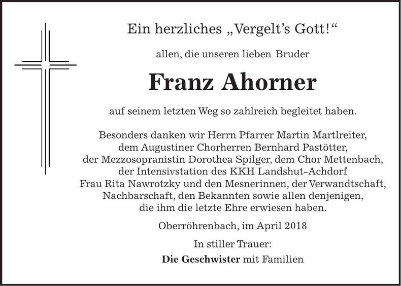 Traueranzeige Franz Ahorner