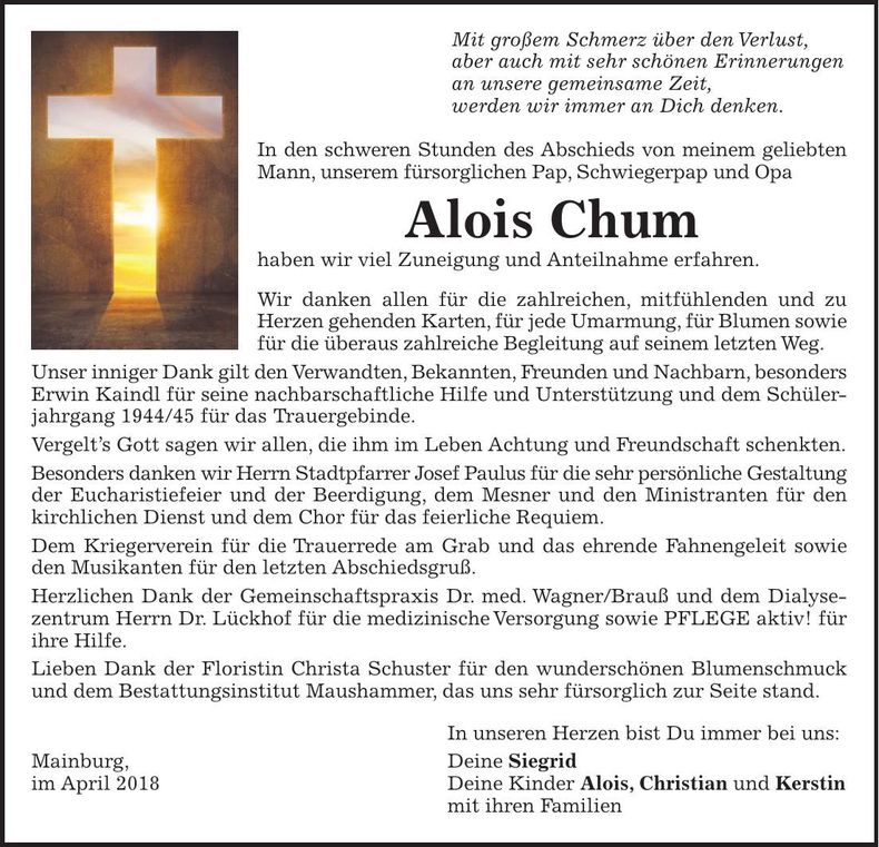 Traueranzeige Alois Chum