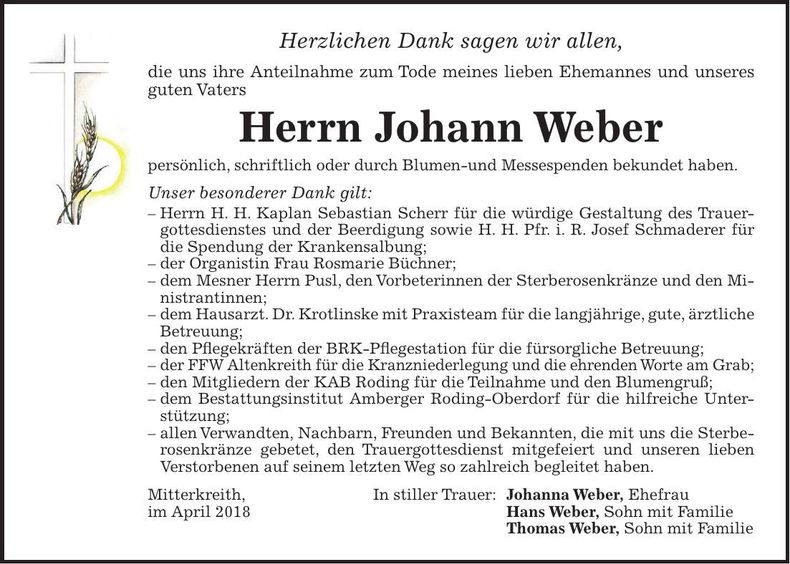 Traueranzeige Johann Weber