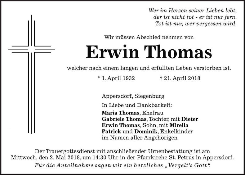 Traueranzeige Erwin Thomas