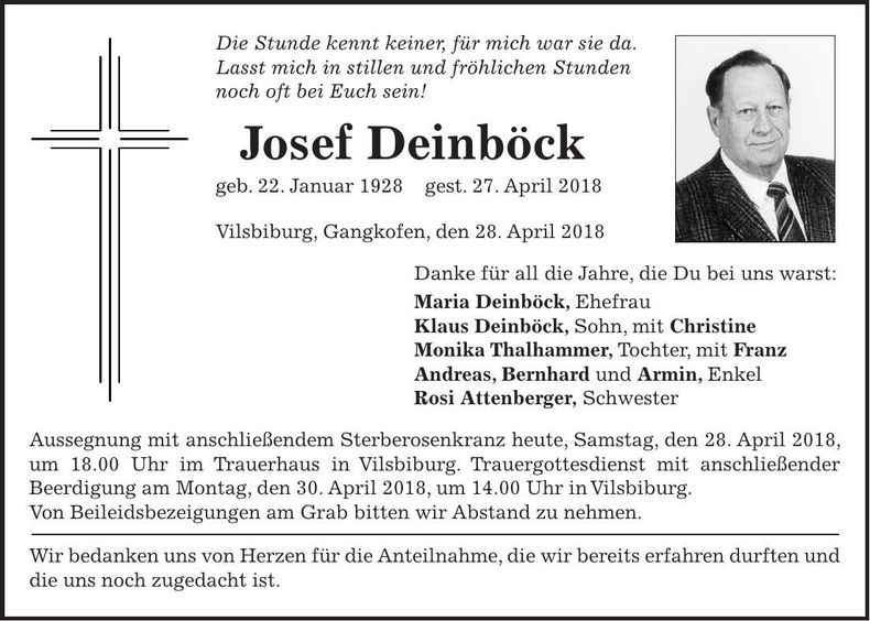 Traueranzeige Josef Deinböck