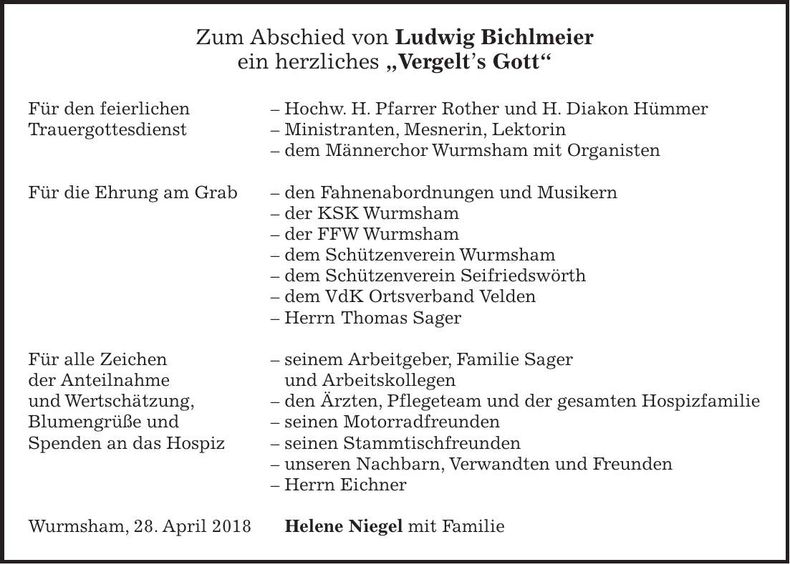 Traueranzeige Ludwig Bichlmeier