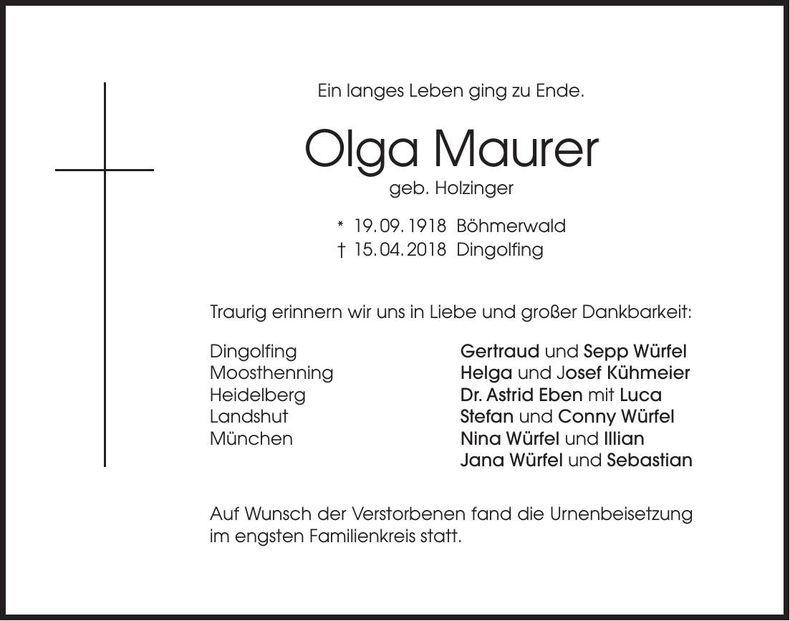 Traueranzeige Olga Maurer
