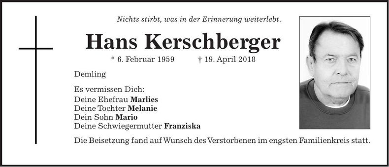 Traueranzeige Hans Kerschberger